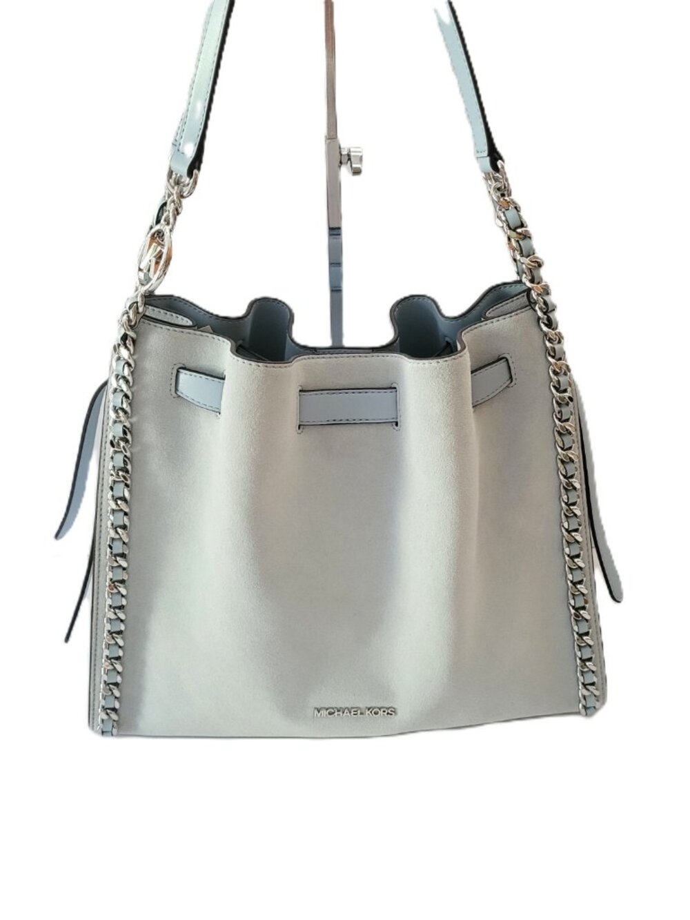 Michael Kors Mina Large Belted Chain Inlay Shoulder Bag Tote Pale Ocean Suede